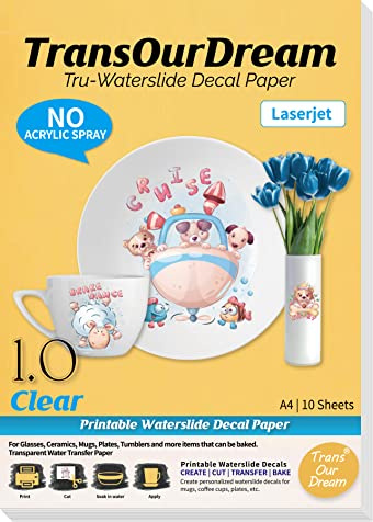 TransOurDream Tru-Waterslide Decal Paper Laser Printer Clear 10 Sheets A4 Spray-Free Varnish Water Transfer Paper Printable Vinyl Transparent Ceramic Mugs Tumblers Glasses Decals(TOD-020-10)