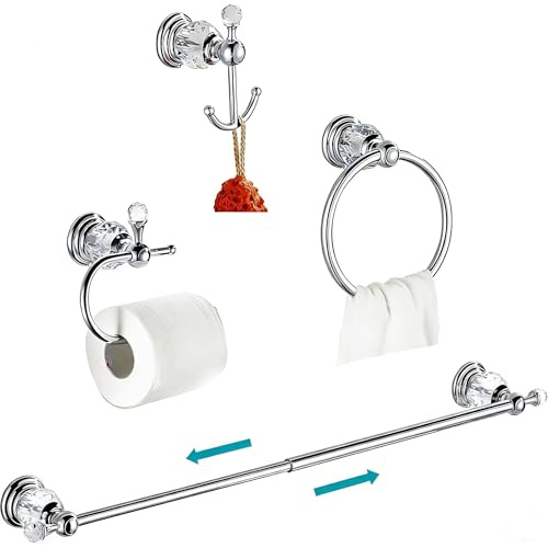 WOLIBEER Kristall-Badezimmer-Zubehör, Chrom, 61 cm, Handtuchstangen-Set, poliertes Messing, Toilettenpapierhalter, Handtuchring, Kleiderhaken, Badezimmer-Hardware, 4 Stück, Wandmontage