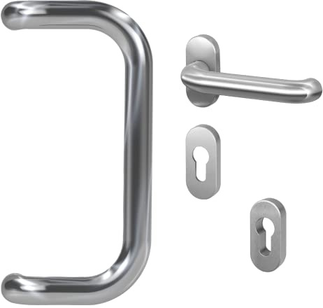 BASI | Stoßgriff Komplett-SET | Stoßgriff U-Form + Schmalrahmen-Garnitur + Schutzrosette PZ oval aus Edelstahl | Beschlag Türgriff Set für Haustür | Montagematerial