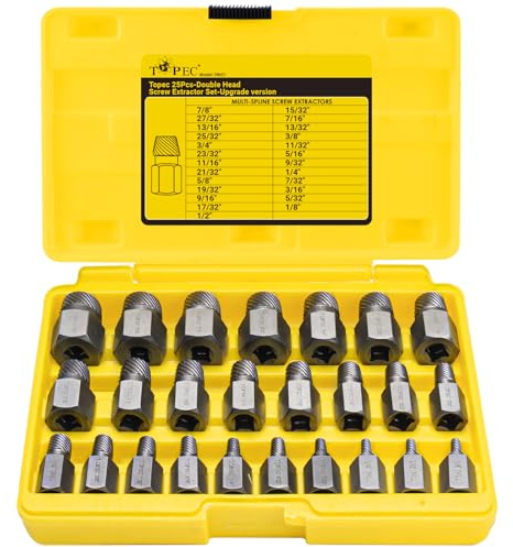 Topec 25Pcs-Double Head Screw Extractor Set, Newest Version 3/8” Drive 2-in-1 Functional Easy Out Bolt Extractor Set, Premium CR-MO Steel Rounded Bolt Remover