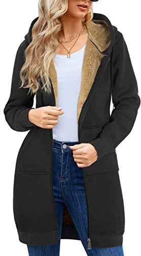 RITOSTA Damen Hoodie Fleecejacke Kapuzenjacke mit Zip Winterjacke Lang Sweatjacke Warme Plüschjacke Pullover Einfarbig Casual Mantel Winter Kapuzenpullover Mit Kapuze Reißverschluss