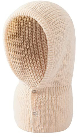 Cozylkx Gestrickte Kapuzenmütze Damen Sturmhaube Mit Knopfverschluss, Kapuzenschal Mit Druckknopfverschluss, Winddichte Mütze Zum Radfahren, Skifahren,Beige