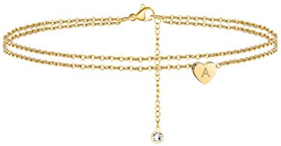 TINGN Fußkettchen für Damen Gold, 14K Gold Gefüllt Mehrreihige Handgefertigt Geschichtet Fußkettchen Damen mit Herz Buchstaben Gold Fußkettchen für Damen Sommer Strand Schmuck Geschenke für Frauen
