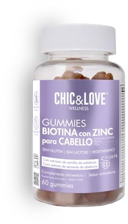 CHIC & LOVE | Gominolas para Cabello y Uñas para Mujer | Vitaminas A, D, E, C, B5, B6, B12, Biotina 5.000 mcg, Ácido Fólico YODO | SIN Gluten, SIN Lactosa, Veganas | Frambuesa | 60 Gominolas, 2 Meses