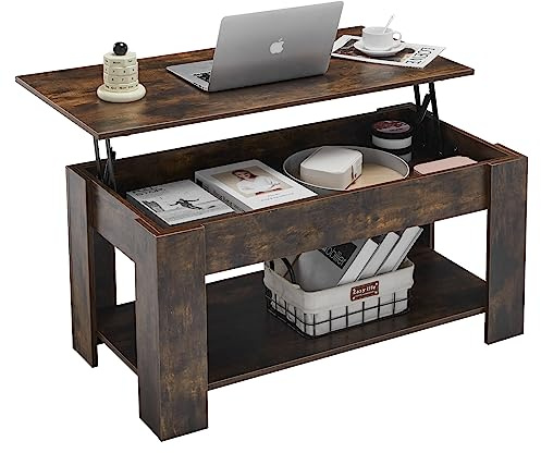 CLIPOP Lift Top Coffee Table Wooden Sofa Side Tea Table with Hidden and Open Storage Shelf, Extendable Center Table for Living Room