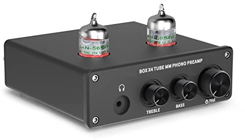 Preamplificatore fono, preamplificatore fonografo Giradischi con Amplificatore valvolare da 5654 W HiFi Box X4, Dotato di Controllo del Volume e Controllo dei Bassi/acuti