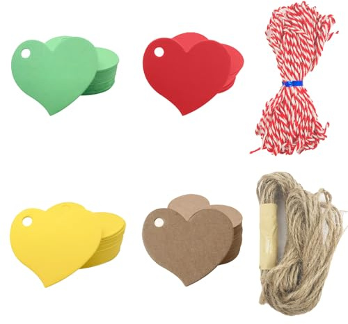 Andiker 200 Stück Herzanhänger, 4 x 4,5 cm, Kraftpapier, bunte Herz-Geschenkanhänger mit 20 m Schnur zum Aufhängen, leere Geschenketiketten für Hochzeit, Valentinstag, Geburtstag, Weihnachtsbaum (200