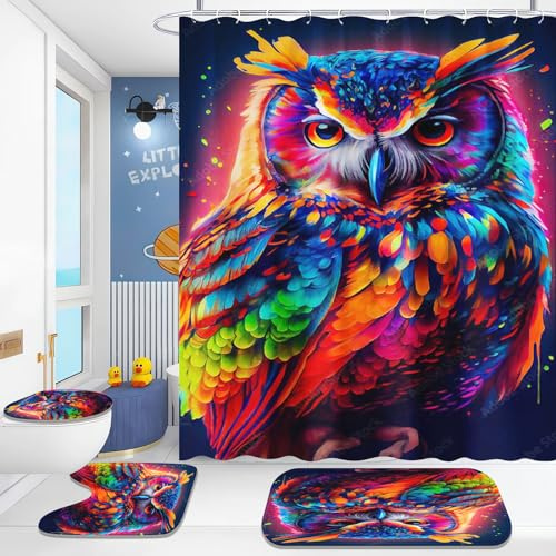 KIDSLOVE Eule Duschvorhang-Sets Aquarell Eule Duschvorhang 180x200 Cartoon Eule Textil Duschvorhänge Polyester Badezimmerteppich 4-teiliges Set Mit 12 Ringen (5,180×180cm)