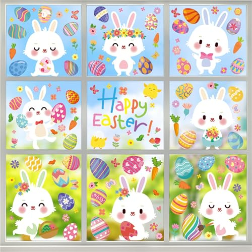 Hiseng Ostern Fensterbilder Selbstklebend, Ostereier Osterhase Fensterdekoration Ostern 9 Blatt/174 Stück Fensteraufkleber Kaninchen Floral Küken Karotte Doppelseitig Fenster Aufkleber (Osterhase)