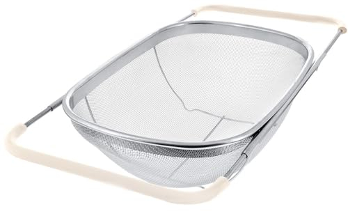 AJIODA Over The Sink Colander, 6 Quarts Stainless Steel Oval Colander with Expandable Rubber Grip Handle, Fine Mesh Strainer Baskets Kitchen Colanders for Strain, Drain, Rinse Vegetable, Fruits, Beige