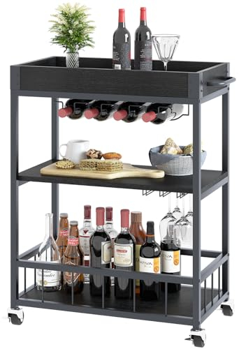Huhote Servierwagen, Küchenwagen, Barwagen mit Rollen, Weinwagen mit Flaschenhalter, 3 Etagen, Getränkewagen für Wohnzimmer, Esszimmer, Küche, Bar, Party, Schwarz Holzmaserung