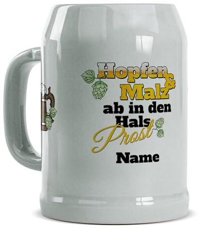 Tassendruck Bierkrug selbst gestalten mit Name - Hopfen und Malz - Personalisiertes Geschenk für Biertrinker, Bier Geschenke, Bierkrug bedrucken, Bierliebhaber | Fotogeschenk, 500 ml, Keramik Grau
