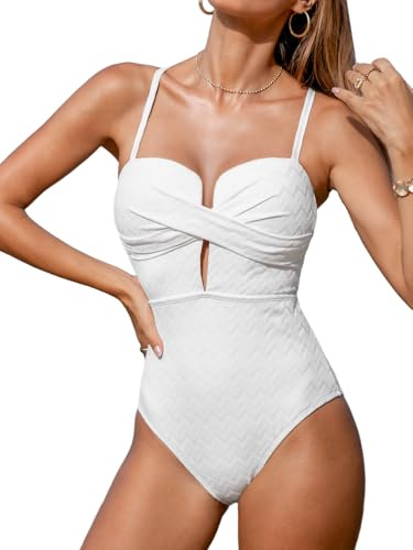 CUPSHE - Costume da bagno intero da donna, con scollo profondo, effetto avvolgente, coppe modellate, texture a costine, bianco, XL