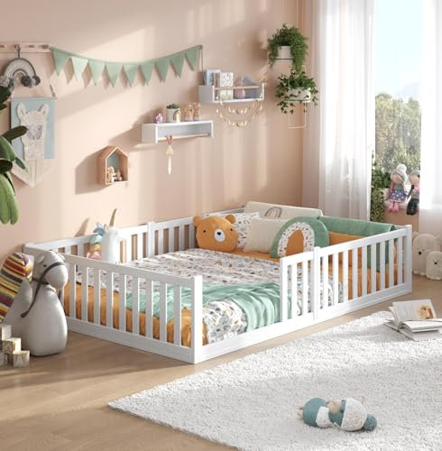 ALAVYA HOME® Titan Bodenbett 120x200 mit Rausfallschutz und Lattenrost - Bett 120x200 aus Buchenholz FSC® zertifizert mit 2 Jahre Garantie - Bett in Weiß für Erwachsene
