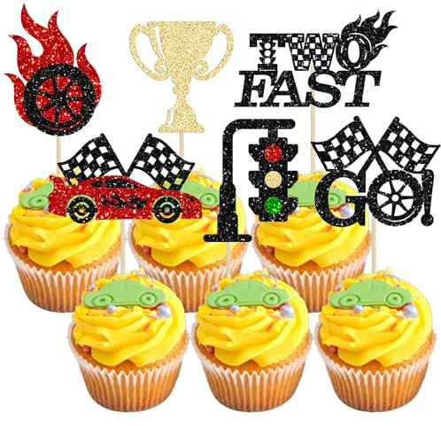 Gyufise 24Pcs Two Fast Cupcake Toppers Glitter Race Car Cupcake Pick Decorations for Baby Shower Racing Sports Theme Kids 2nd Birthday Party Cake Decors Supplies