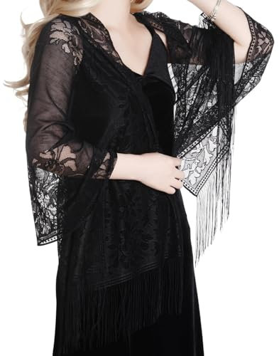 Werownsgso Spitzenschal Schal mit Quasten, Weiches Netz Fransen Wraps, Damen Pailletten Floral Schals, Damen Stola Festlich für Brautkleid, Hochzeit, Abendkleid, Festlich (Schwarz)