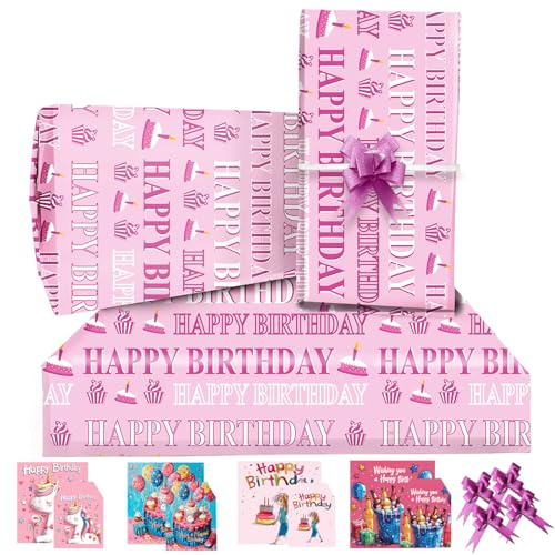 Papier Cadeau Anniversaire 85 * 60cm - 4 Feuilles Avec 4 Noeud Papillon Rose, 2 Cartes, 4 Etiquettes - Pour Enfant, Fille, Garçon, Homme, Femme