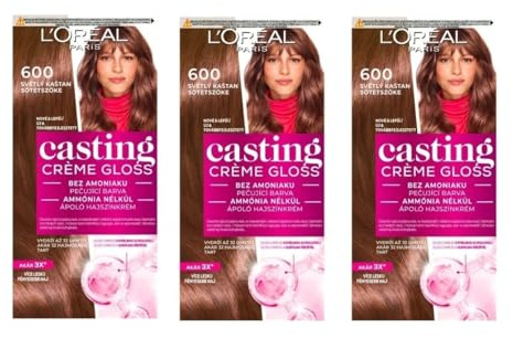 L'Oréal Paris Casting Crème glansig hårfärg, ammoniakfri och silikonfri närande intensiv hårfärg med crème glans, nr. 600 Mörkblond, Paket med 3