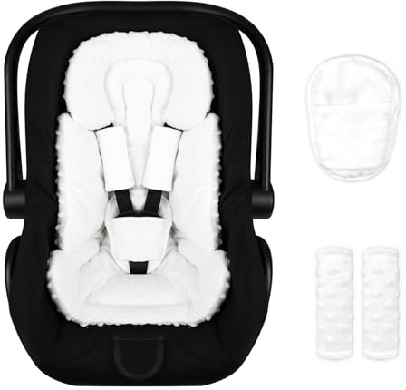 Infant Car seat Insert Boy Girl, 3 in 1 Newborn Carseat Insert with Strap Pads, Car Seat Head Support for Baby Strollers, Swings, and Bouncers, Comfortable and Machine Washable, White