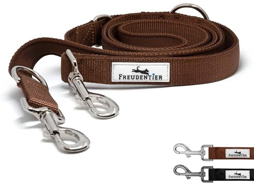 FREUDENTIER Hundeleine 2m – Verstellbare Führleine - Weich gepolstert, liegt angenehm in der Hand - Robuste Leine Hund für mittelgroße & große Hunde - Model Clyde (Braun, 20mm)