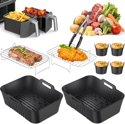 PETHREE Ninja Varmluftsfritös Tillbehör, 9 st Airfryer Tillbehör Dual Zone för AF400EU, AF300EU 7,6-9,5 L Airfryer, Ateranvändbara Airfryer Silikonform Tillbehör, Kakbrödform, Grillrost, grilltång