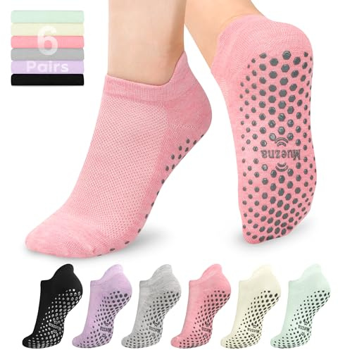 Muezna 6 Pairs Pilates Grip Socks for Women, Non Slip Yoga Socks with Grips, Grippy Socks for Barre, and Hospital