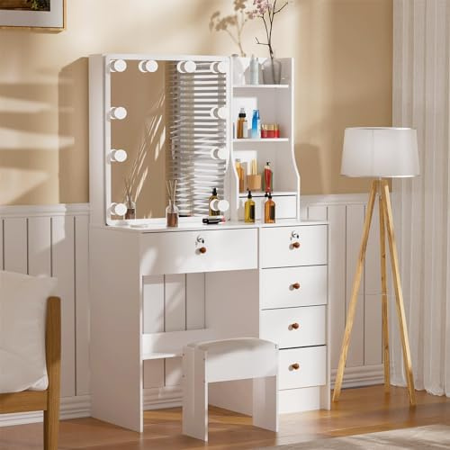 Teousev Schminktisch mit Beleuchtung und Spiegel, Einstellbarer Helligkeit, Frisiertisch mit Hocker, Kosmetiktisch mit 6 Schubladen und 6 Ablagen, 80X36X131Cm, Weiß, JR060106