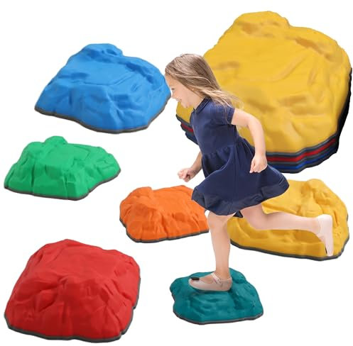 AIYAPLAY Balance Stepping Stones for Kids, 9-Piece River Stones with Non-Slip Bottom, Indoor Outdoor Sensory Obstacle Course for Ages 3-8 Years, Multicoloured