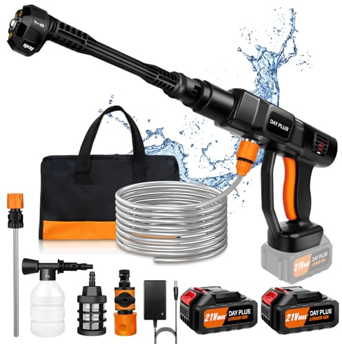 Akku Hochdruckreiniger,21V 45 Bar/652 PSI Tragbarer Druckreiniger mit 2PCS 3.0Ah Akku,6-in-1 verstellbare Düse,5m Schlauch Druckreiniger für Auto/Fußboden/Gartenreinigung & Bewässerung