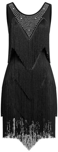 EFOGEP Women's Tassel Latin Dance Dress 1920s Gatsby Flapper Dress | Sleeveless Fringe Fancy Cocktail Party Dresses Tango Samba Cha Cha Clubwear Ballroom Costumes