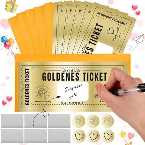 SUpoetry 6 stycken gyllene biljettkuponger med kuvert, skraplack och klistermärken, gyllene biljett för självmärkning, personliga presenter med golden ticket skrapkort