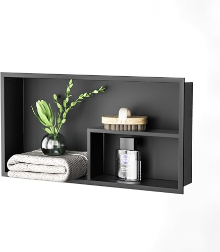 Bernkot Stainless Steel Shower Niche 12×24 Matte Black No Tiled Needed Horizontal Niche Shower for Bathroom Wall Recessed Shower Shelf