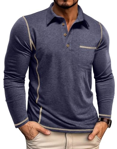 Volemo Mens Long Sleeve Polo Shirts Cotton T-Shirts with Pocket Navy L