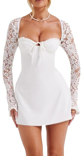 Kouoybt Women Lace Long Sleeve Mini Dress Sexy Bodycon Dress Low Cut Back Tie Backless Cocktail A-line Dresses