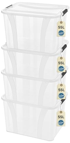 Aufbewahrungsboxen 4x 55Liter mit Deckel, lebensmittelecht - Verschlussclips - 100% Neumaterial Plastik-Box transparent - Kleiderboxen stapelbar & HLKauf-Block