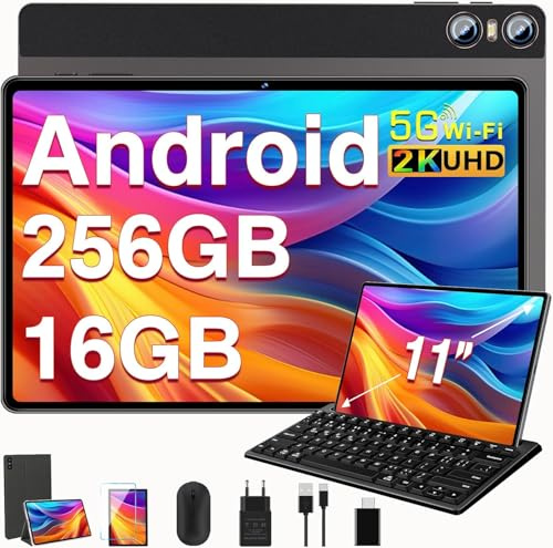 Biegedy Tablet 11 Pollici Android Tablets, 16GB RAM 256GB ROM (TF 1TB),2K Schermi/ 8+20MP/2000 * 1200 Pixels/10000 mAh/Bluetooth5.0, Octa-Core 2.0GHz 5GWiFi Tablet con Tastiera e Mouse - Marrone