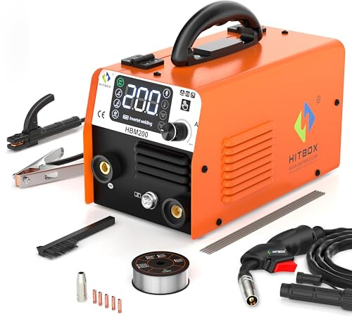 HITBOX 200A Gasless MIG Welder 240V, Portable IGBT Inverter Welding Machine 3-in-1 MIG/Stick/Lift TIG with Digital LED Screen, MIG Torch & Flux Core Wire (HBM200)