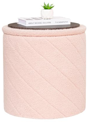 Bonlife Runder Hocker Ottoman mit Stauraum, Klappbarer Hocker mit Deckel, Boucle Frisierhocker für Wohnzimmer, Schlafzimmer, Eingangsbereich, Rosa, 43x43x45cm