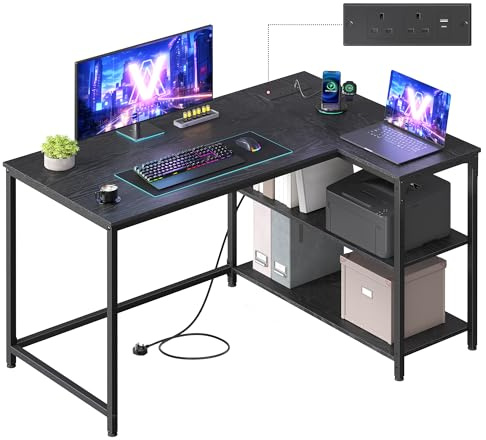 VASAGLE L Shaped Corner Desk, Computer Gaming Desk with Storage, Reversible Height-Adjustable Shelves, for Home Office, with Power Outlets 2 USB Ports, 110 x 80 cm, Ebony Black LWD131BE02