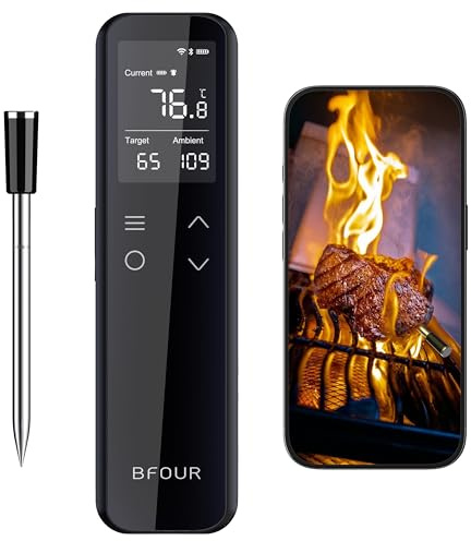 BFOUR WiFi Wireless Meat Thermometer with Smart Standalone LCD Base, ±0.5℃ Accuracy, Bluetooth Grill Thermometer with APP Control, Roasting Thermometer for Indoor and Outdoor