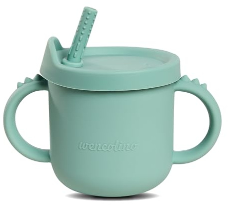wencolino 2 in 1 Trinkbecher Kinder und Snackbecher „Dino“ aus lebensmittelechtem Silikon Trinklernbecher für Kinder – Maße B13cm, H8cm, L9cm, Vol. 210ml – Silikon Trinkbecher Baby mintgrün
