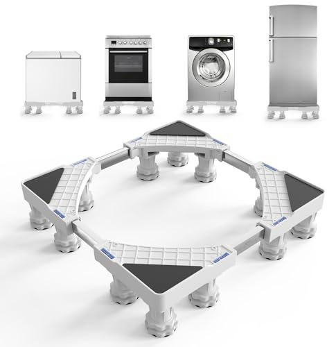 DEWEL Washing Machine Stand with 12 Strong Feet, Universal Refrigerator Stand for Washer Cookers Fridges Max Load 500 kg, Adjustable Width and Height, Mini Fridge Stand (White)