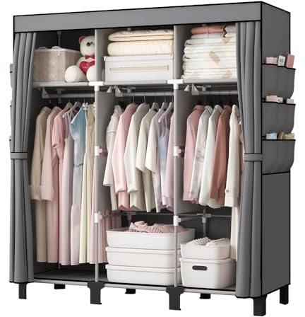dongliangqinying Armoire en Tissu Portable 130x45x170cm | Penderie pliable, 3 zones suspension, 18 poches latérales, range vêtements, sacs, chaussettes pour chambre, dortoir