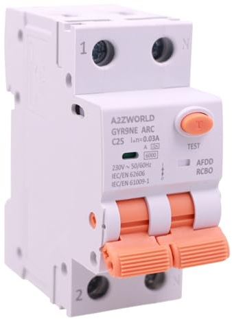 AFDD RCBO - Interruptor antiincendio, tipo A Curva C 25 A C25, magnetotérmico diferencial con detección de fallos de arco eléctrico, 6 kA 30 mA 1P+N, protección contra incendios de origen eléctrico