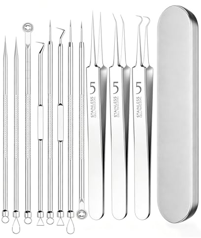 Smbrige Pickel-Ausdrücken-Werkzeug Set 11-tlg., Mitesserentferner aus Edelstahl, Blackhead Remover Set mit silberfarbener Metalldose, Silbergrau