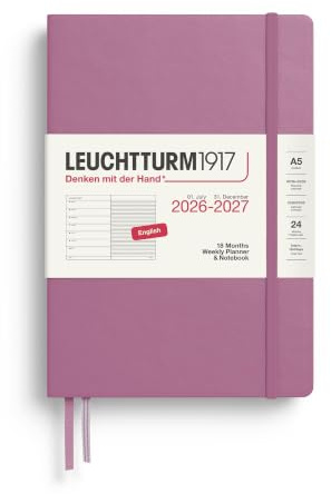 LEUCHTTURM1917 Agenda semainier 2027 A5 avec carnet ligné – Agenda | 18 mois, juillet 2026 à décembre 2027, couverture rigide, anglais, 208 pages, papier sans acide 80 g/m²