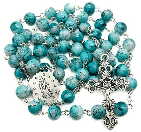 Nazareth Store Katholische Türkis Marmor Glasperlen Rosenkranz Halskette Wunderbare Medaille & Kreuz - Samt Tasche