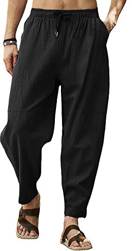 MakingDa Mens Baggy Cotton Trousers Casual Summer Yoga Beach Lounge Drawstring Wide Leg Harem Pants