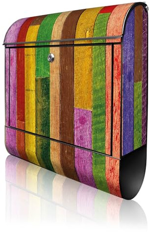 banjado Design Briefkasten 38,5x46,5x13cm & 2 Schlüssel - Briefkasten Stahl Schwarz mit Zeitungsfach pulverbeschichtet - Postkasten A4 Einwurf inkl. Montagematerial - Motiv Holz Collage Bunt