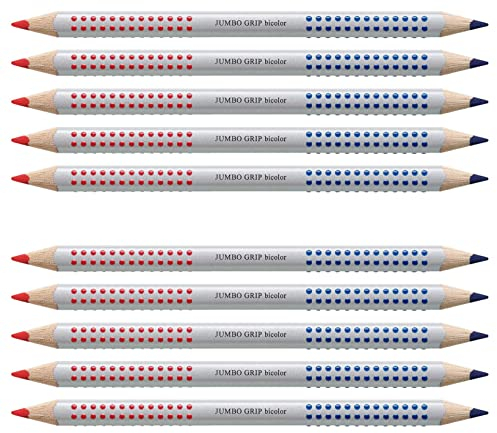 Faber-Castell Jumbo Grip Silver Separator Pen, 10, Triangular, Ergonomic, Medium Point, Water Resistant, Bicolor Red and Blue Writing Instrument